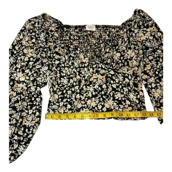 Sienna Sky Small Black Yellow Floral Square Neck Crop Smocked Top - Picture 9 of 14